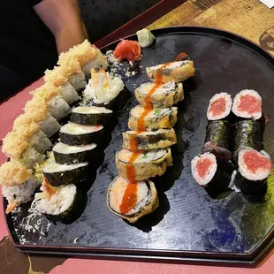 Left to right: Monster, Rock and Roll, Dynamite, Spicy Tuna. All with eel sauce and spicy Mayo on the side.