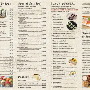 sushi and sashimi, menu