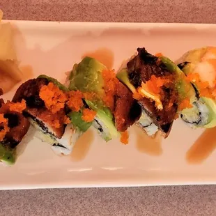 Dragon (8 pieces, ebi tempura roll wrap, eel-avo-fish roe, $17)