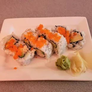 Crab (8 pieces, crab, avocado, mayo, fish roe, $16)