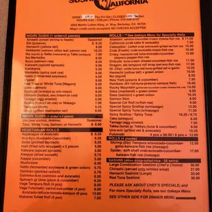 Menu Part 1/2: Nigiri Sushi, Vegetarian Rolls, Regular rolls, Sashimi