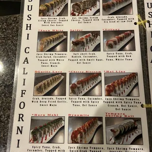 a menu for sushi rolls