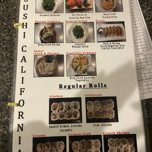 a menu for sushi california