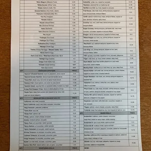 Sushi Menu