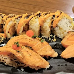 Sunset Roll $16, 2x Seared Salmon Belly $7 each