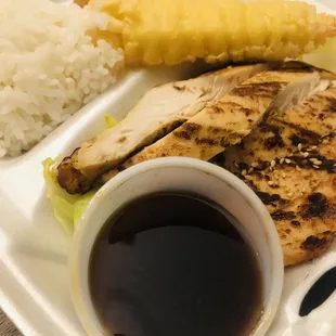 Kids Plate: Shrimp tempura, vegetable tempura, white rice, teriyaki chicken, teriyaki sauce.