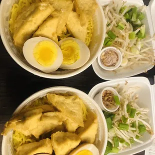 Build Your Own Ramen: miso broth, fried tofu, Ramen noodles, topped with poached egg, beansprouts, green onions and fried onions.