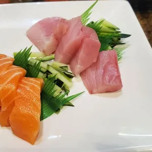 Salmon and yellow tail tuna sashimi