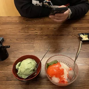 Green tea ice cream and yuzu sorbet