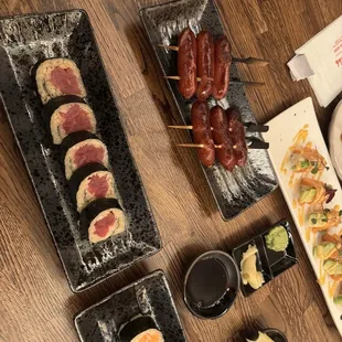 Blue tuna roll, blue crab carpaccio