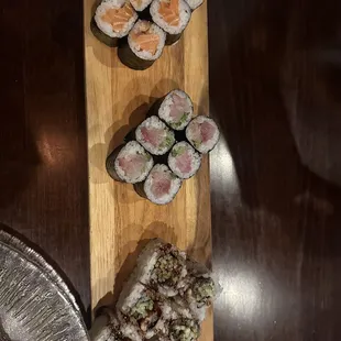 Salmon roll, yellowtail roll, cucumber eel roll