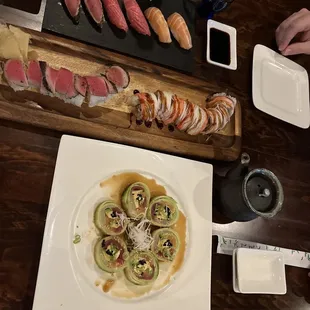 Top: seared black pepper tuna, toro, salmon sushi Middle Left: Crusade roll Middle Right: Bengal roll Bottom: summer roll