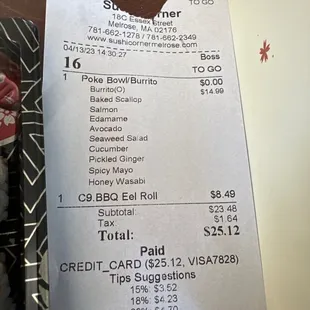 a receipt for sushi corner