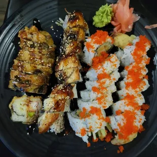 Tempura roll (left), dragon roll (middle left), shrimp tempura roll (middle right), soft shell crab tempura roll (right)