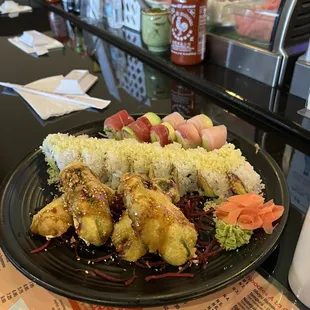 Cortaro roll, spicy crunchy tuna roll, and fried jalapeños.