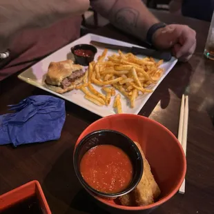 Angus burger, fries, &amp; mozzarella sticks.