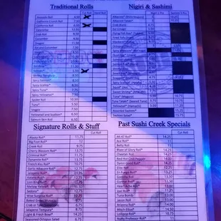 Menu front side sushi creek