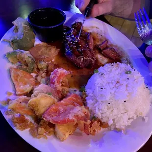 Rubber steak teriyaki with tempura vegetables