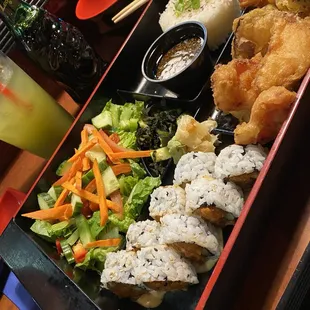 I got the Lunch Bento 2 item Box, the Spicy Salmon Roll and Tempura Veggies.