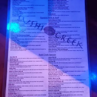 Menu back side sushi creek