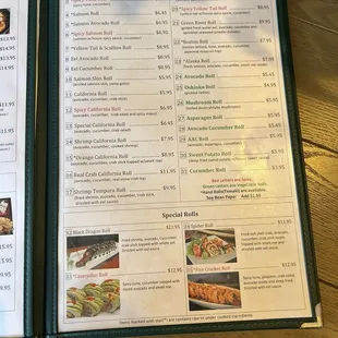 sushi and sashimi, menu