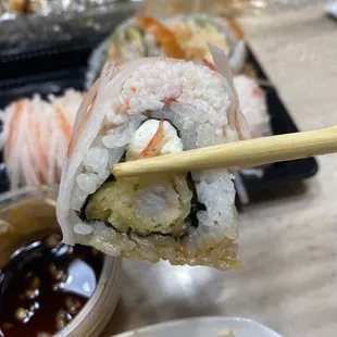 Deep Ellum Roll (Shrimp Tempura, Cream Cheese, Krab with Stick Krab on top)