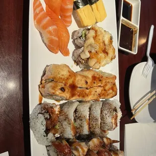 Rolls from left to right. Lobster Special Roll, Danielle Roll, Coconut Shrimp Roll, Dragon Roll.
