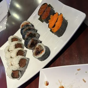 Spicy tuna didn't seem very fresh, salmon skin roll was incredibly tough and chewy, both roe were fine but nothing to write home about.