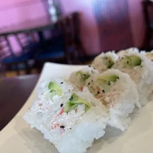 *FOOD POISONING* California roll. Tastes okay. But both of us got sick that night and the next day.