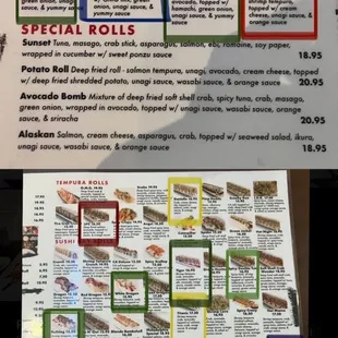 We are trying to make our way through the entire menu. Blue= favorite. Green= great. Yellow=ok red= wouldn&apos;t order again