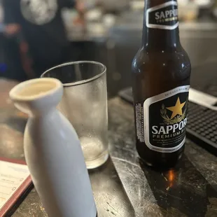 Drink special, cold sake and large sapporo