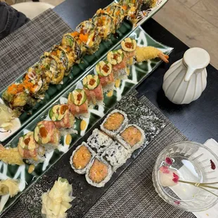 Top to bottom: dynamite roll, kiss of fire roll, spicy salmon roll, lychee martini