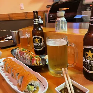 drink, sushi and sashimi