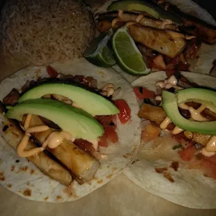 Mahi mahi fish tacos with fried rice