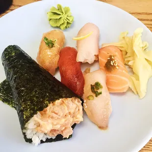albacore hand roll and variety of sushi