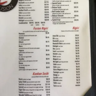 the menu of the restaurant
