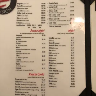 menu, sushi and sashimi