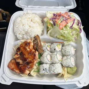 Salmon teriyaki bento box with California roll