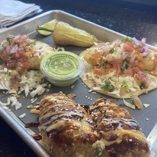 Combo fish tacos and rellenos.