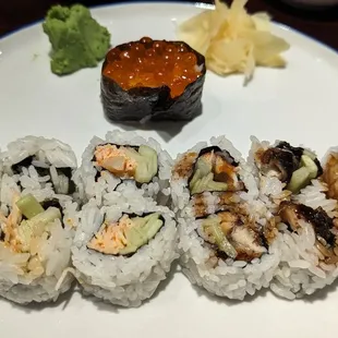Salmon roe sushi, spicy scallop with cucumber roll, eel &amp; cucumber roll