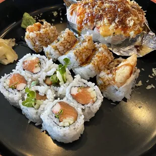 Alaska roll on bottom, Sweet Pot/C. Cheese in middle, and Firecracker on top.
