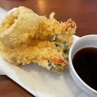 Happy hour half off tempura appetizers: shrimp and vegetables