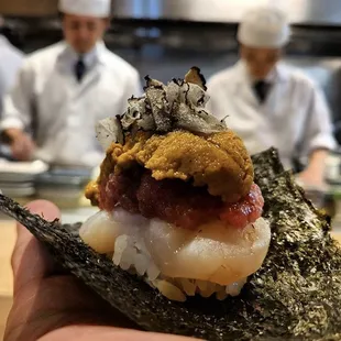 Heavenly tower of a hand roll. Our signature Scallop,Toro,Uni &amp; truffle Hand Roll only at Sushi Enya downtown los angeles &amp; pasadena