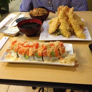 Japanese Shrimp Tempura, Fried Rice, Super Salmon Roll