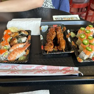 AP15 Chicken Yakitori, N16. Unagi Eel Nigiri &amp; Spice Girl Roll