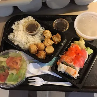 Shrimp dumplings with rice and salad. Rainbow roll with miso soup. I overordered.