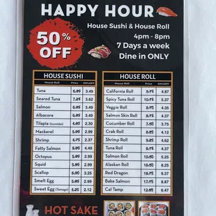 Happy hour menu as of 1/8/2024
