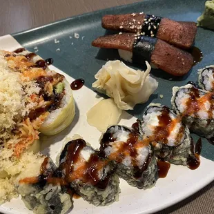 Left: Moon Roll Right: Cajun tuna nigiri  Bottom: Sunday morning