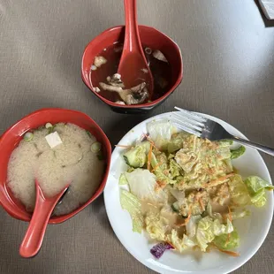 Miso soup (left), house soup (top), salad
