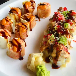Left: Super Mario Roll. Right: waitress recommendation (tuna on top of roll)